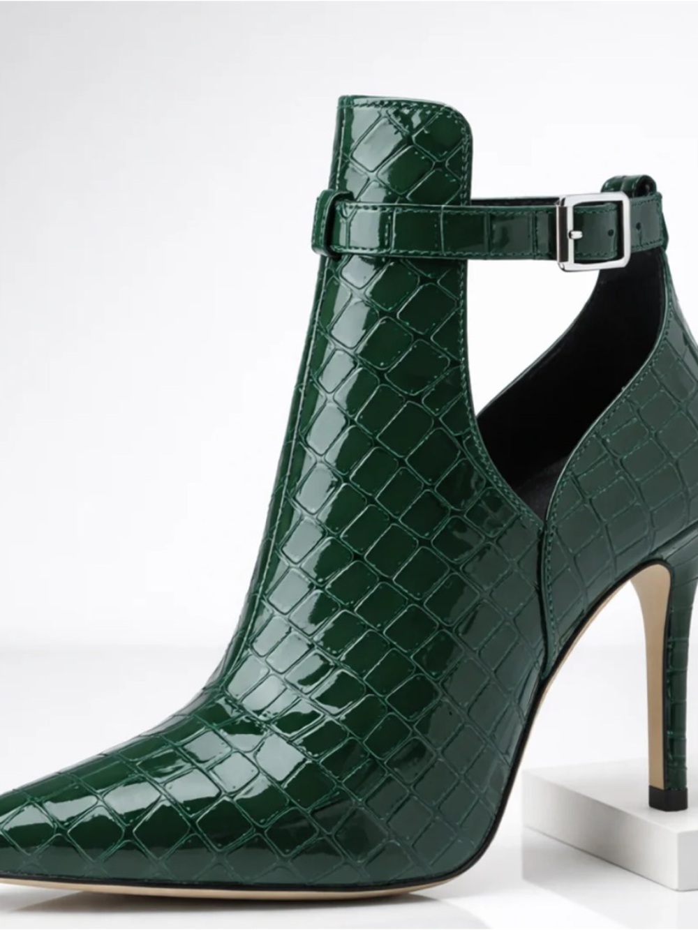 Croc-Embossed Pointed Stiletto Ankle Boot in Deep Green